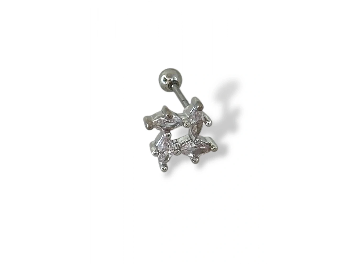 Gümüş Renk Taş Detaylı Çelik Tragus/Kıkırdak Küpe/Piercing (Tek)