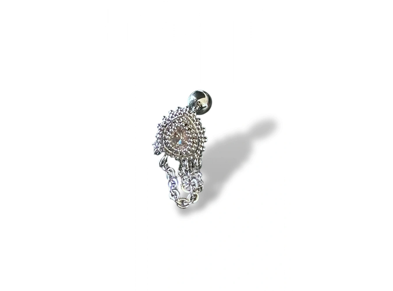 Gümüş Renk Taş Detaylı Çelik Tragus/Kıkırdak Küpe/Piercing (Tek)