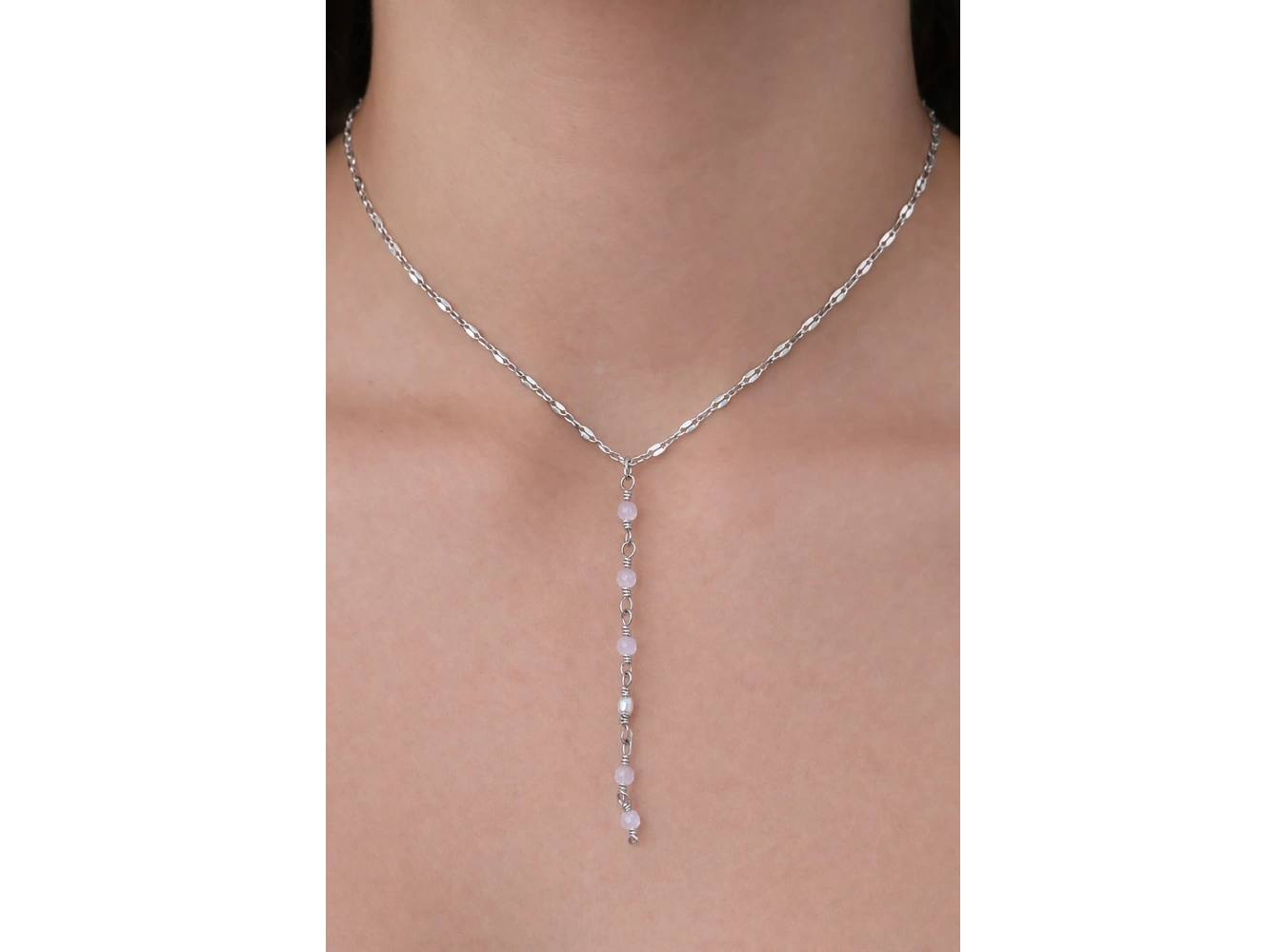 Gümüş Renk Taş Detaylı Çelik Y Kolye