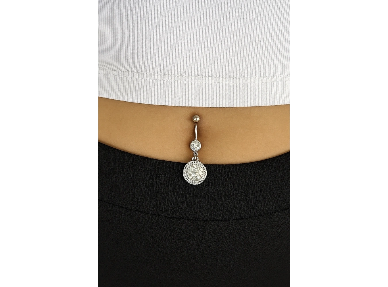 Gümüş Renk Taş Detaylı Cerrahi Çelik Göbek Piercing