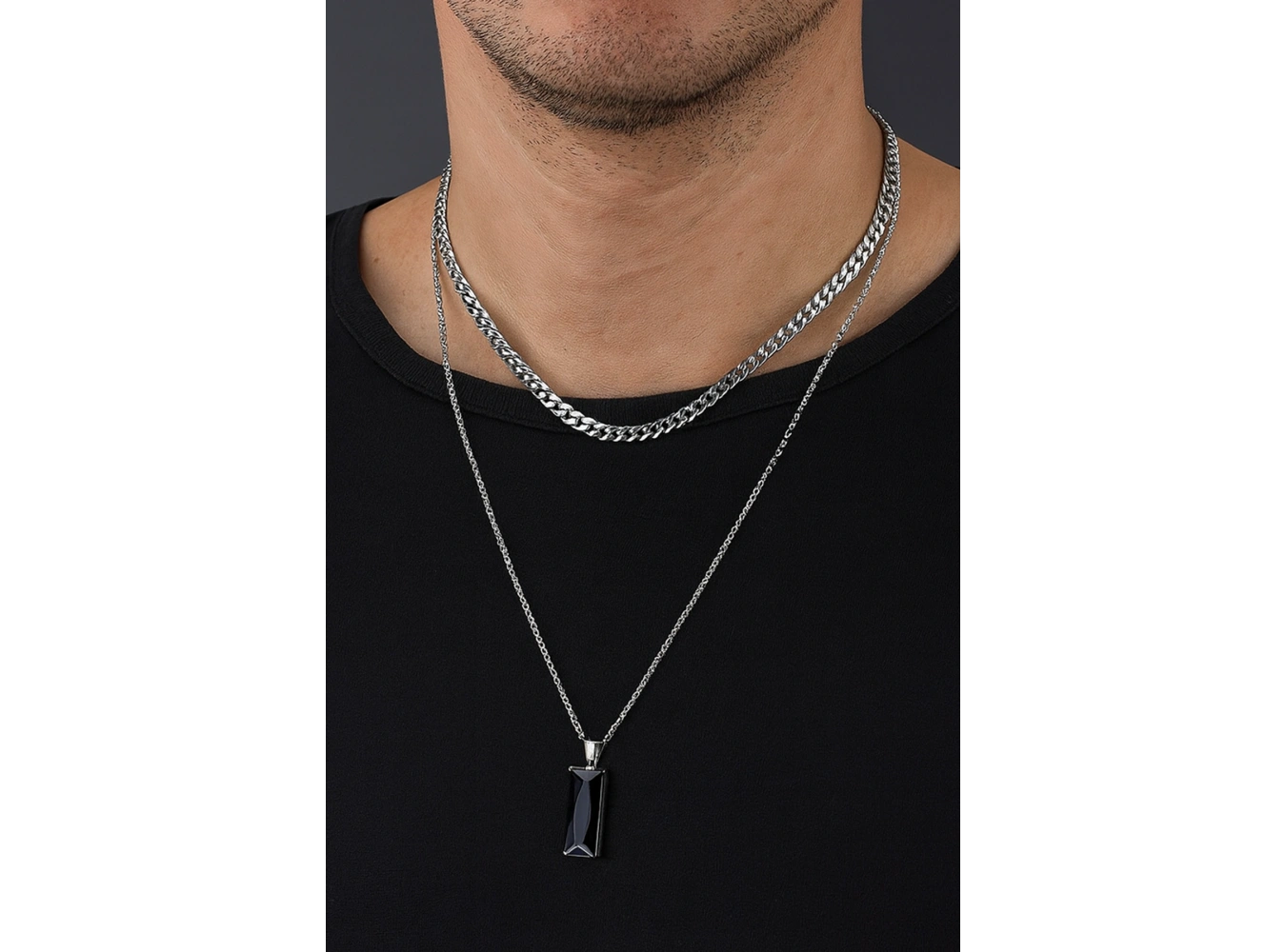 Gümüş Renk Taş Detaylı Erkek İkili Zincir Çelik Kolye