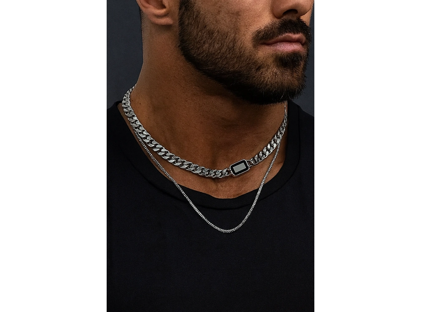 Gümüş Renk Taş Detaylı Erkek İkili Zincir Çelik Kolye