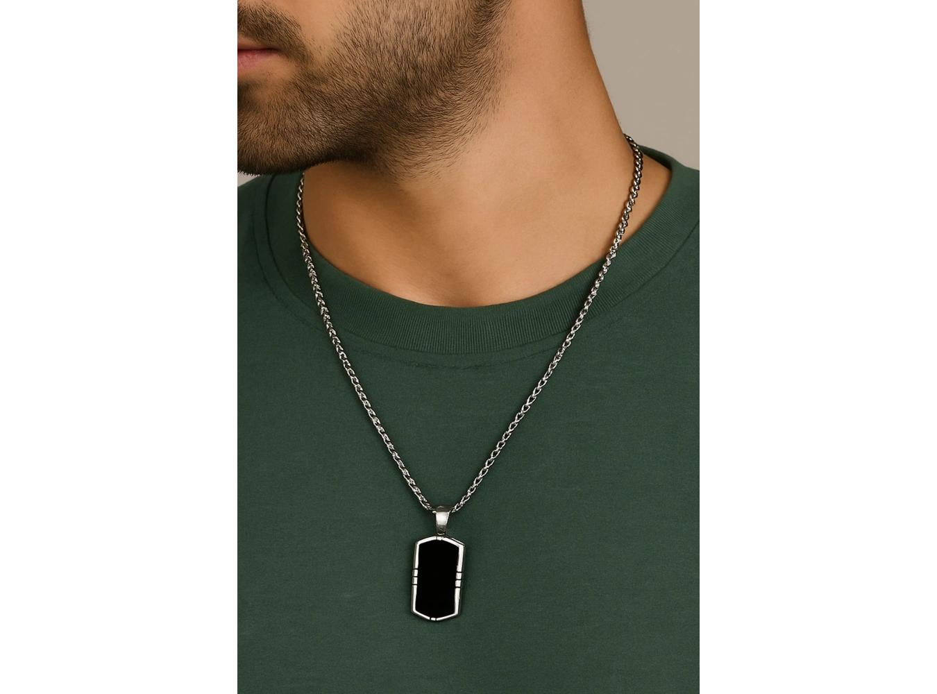 Gümüş Renk Taş Detaylı Erkek Zincir Çelik Kolye (60cm)