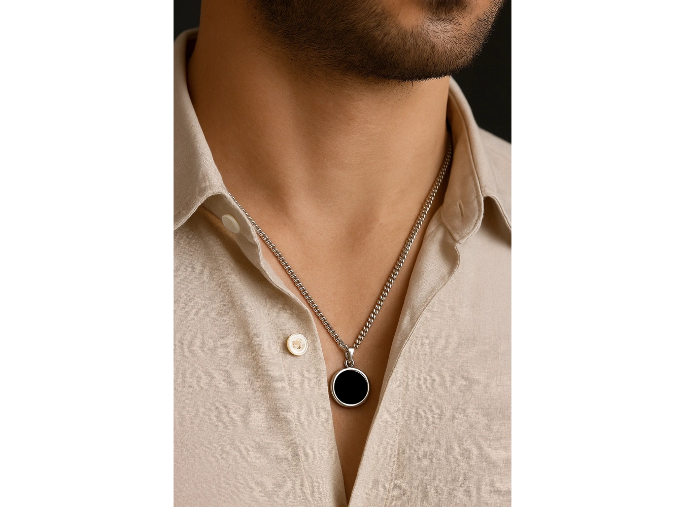 Gümüş Renk Taş Detaylı Erkek Zincir Çelik Kolye (60cm)