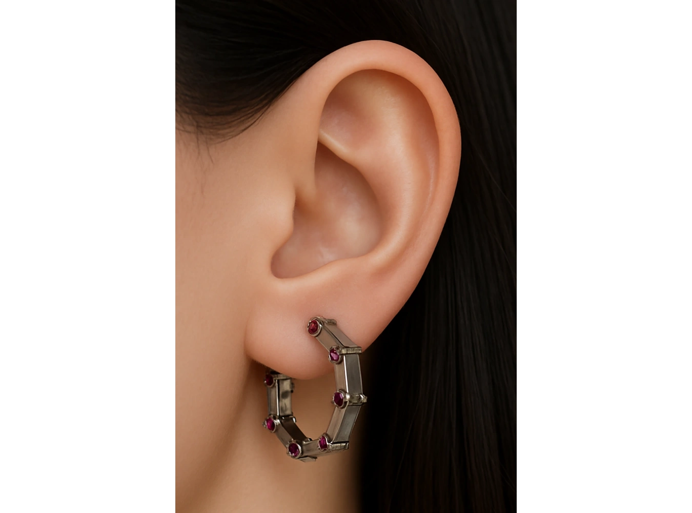 Gümüş Renk Taş Detaylı Halka YSX Küpe (Çift)