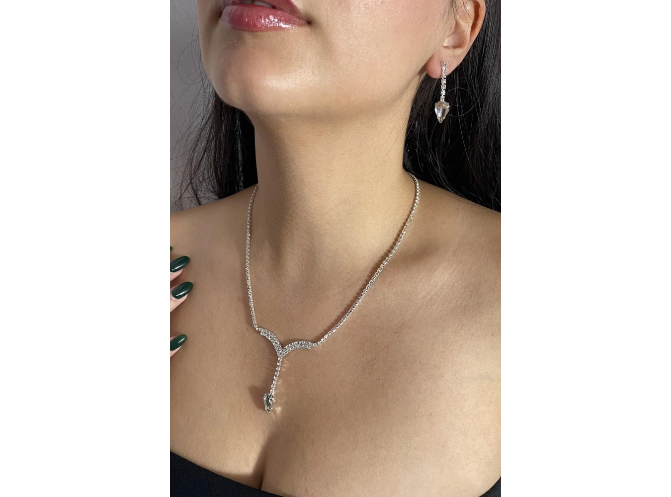 Gümüş Renk Taş Detaylı Kolye Ve Küpe Düğün Kına Nişan Gelin Set