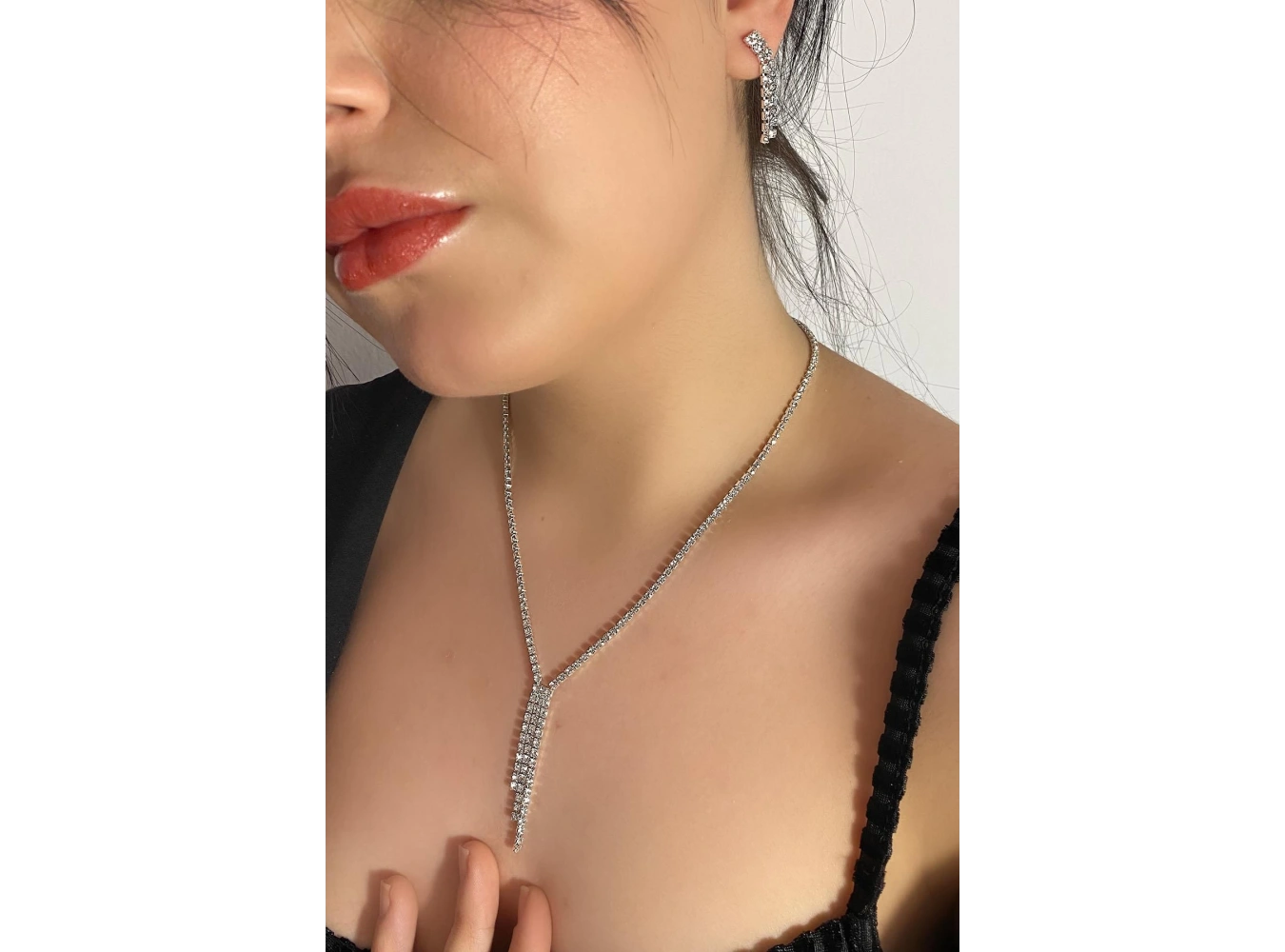 Gümüş Renk Taş Detaylı Kolye Ve Küpe Düğün Kına Nişan Gelin Set