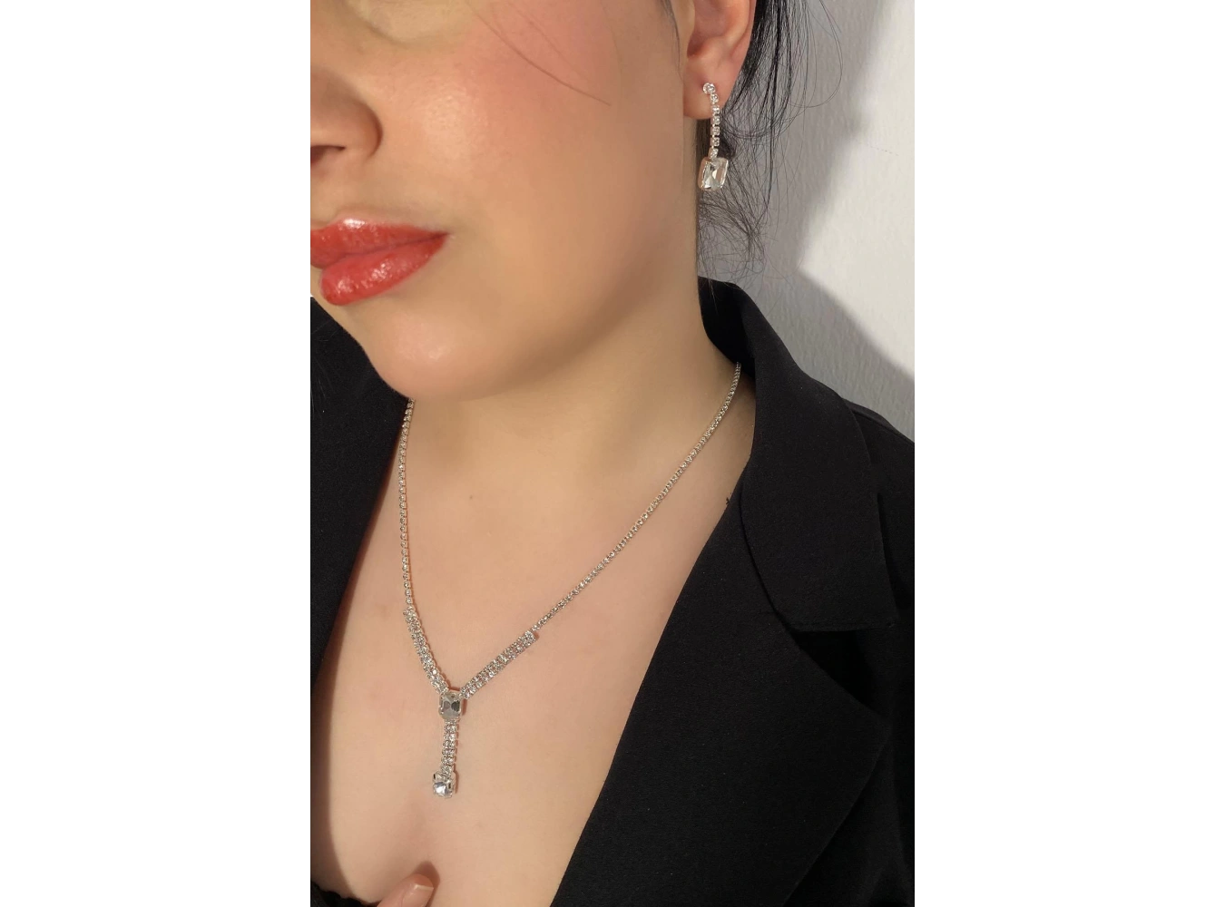 Gümüş Renk Taş Detaylı Kolye Ve Küpe Düğün Kına Nişan Gelin Set