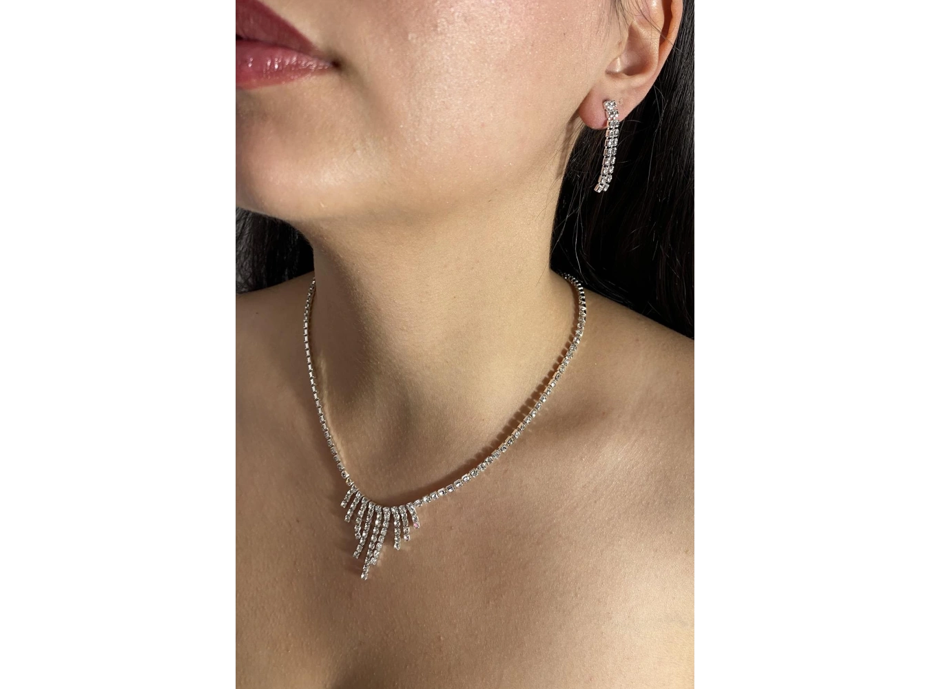 Gümüş Renk Taş Detaylı Kolye Ve Küpe Düğün Kına Nişan Gelin Set