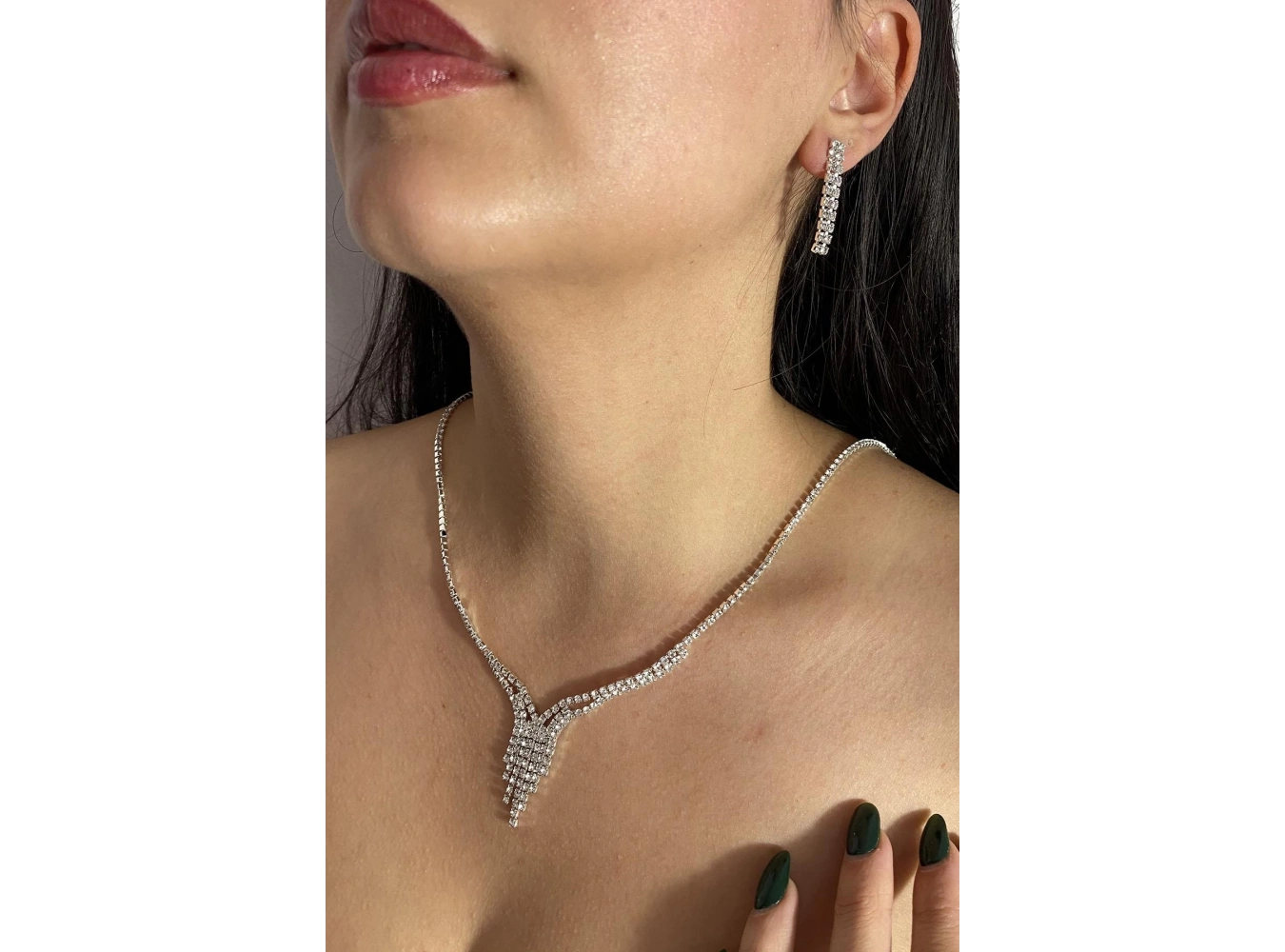 Gümüş Renk Taş Detaylı Kolye Ve Küpe Düğün Kına Nişan Gelin Set