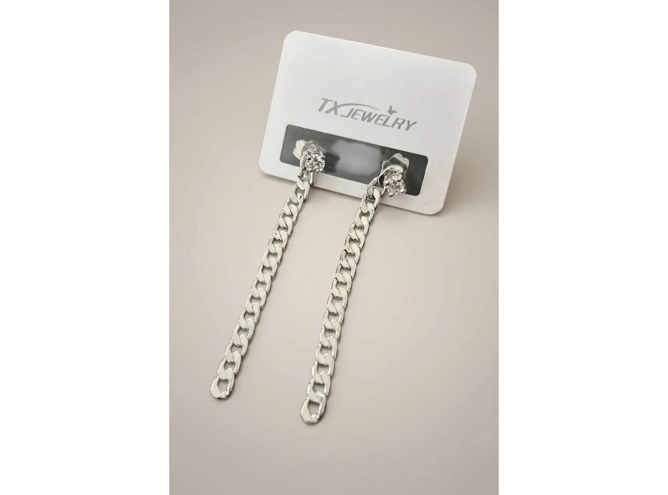 Gümüş Renk Taş Detaylı Sallantılı 14K Altın Kaplama Tx Küpe (Çift)