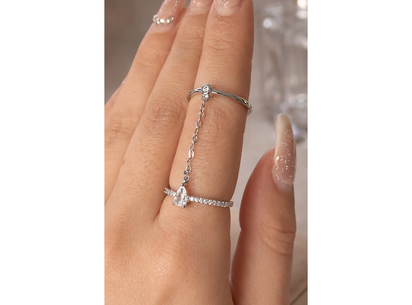 Gümüş Renk Taş Detaylı Sallantılı İkili Ayarlanabilir Yüzük