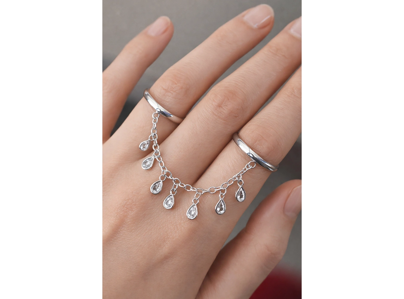 Gümüş Renk Taş Detaylı Sallantılı İkili Ayarlanabilir Yüzük