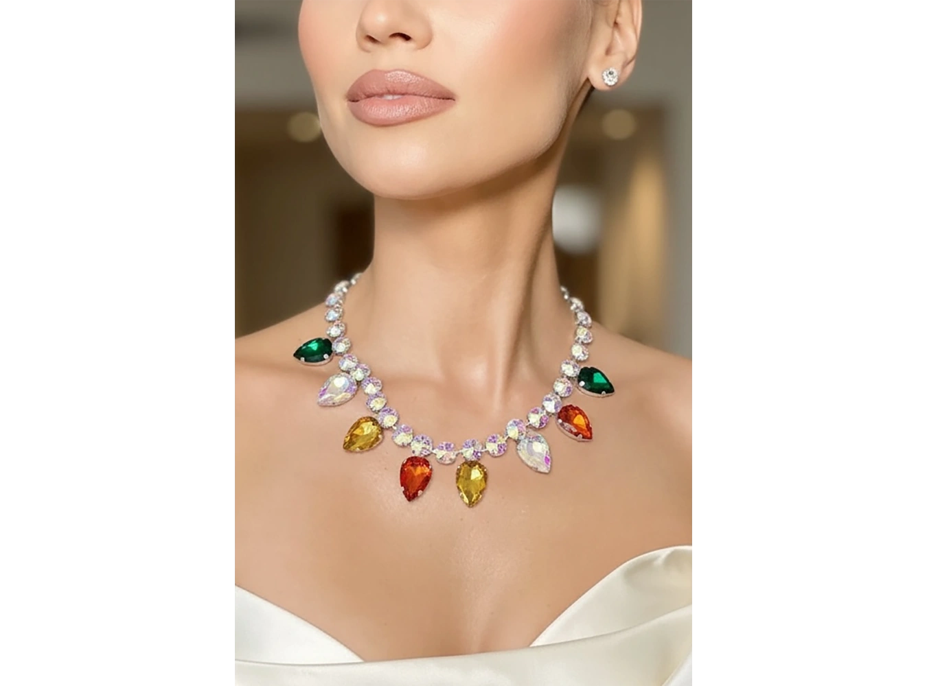 Gümüş Renk Taş Detaylı Tasarım Abiye Kolye