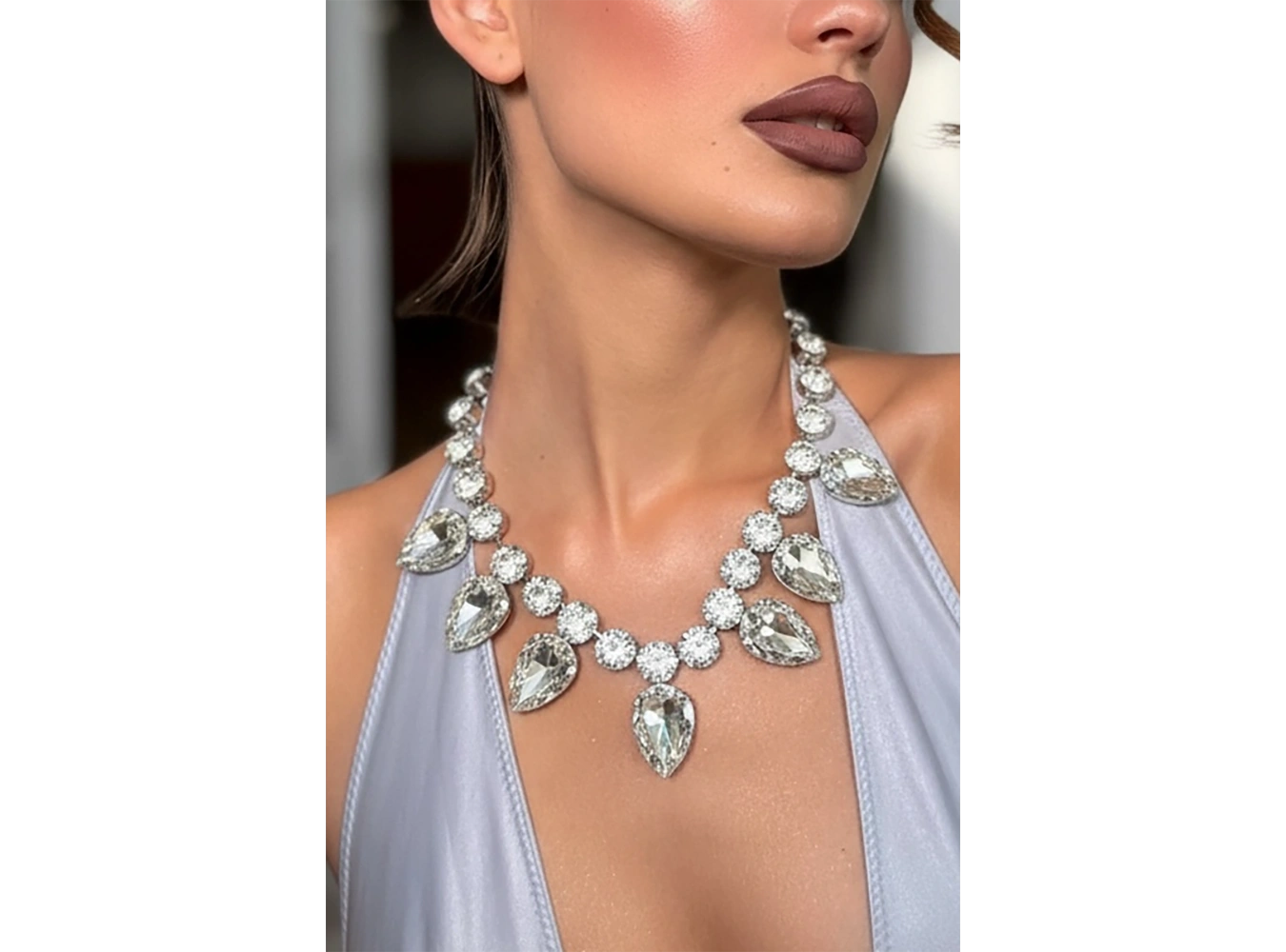 Gümüş Renk Taş Detaylı Tasarım Abiye Kolye