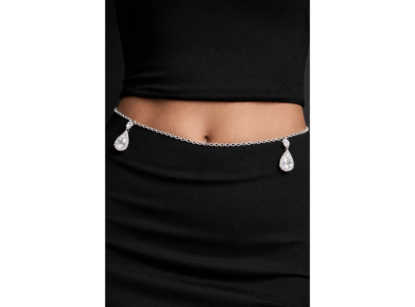 Gümüş Renk Taş Detaylı Tasarım Bel Zinciri/Vücut Aksesuar