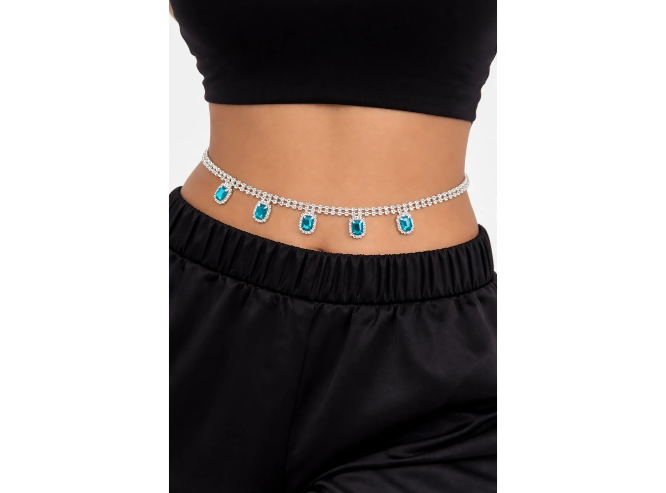 Gümüş Renk Taş Detaylı Tasarım Bel Zinciri/Vücut Aksesuar