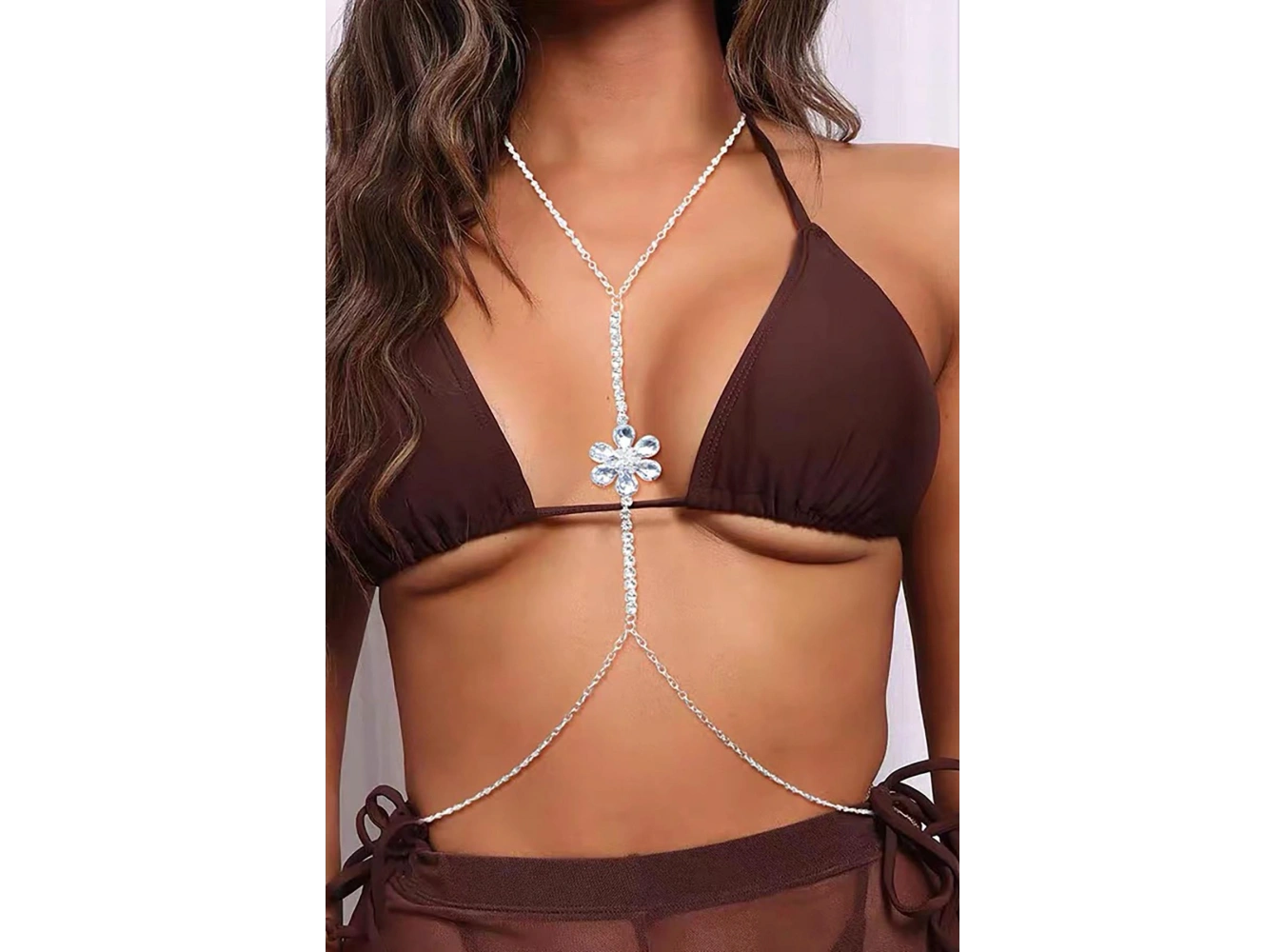 Gümüş Renk Çiçek Figürlü Taş Detaylı Tasarım Vücut Aksesuar