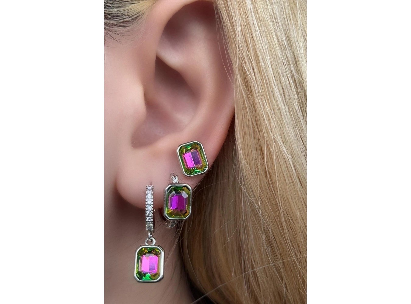 Gümüş Renk Taş Detaylı VİP 3lü YSX Küpe Set