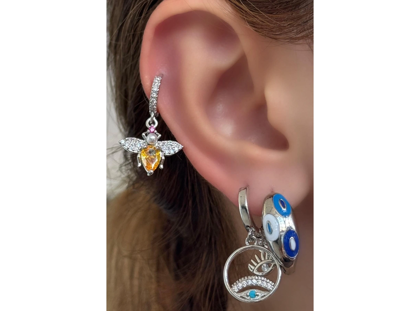 Gümüş Renk Taş Detaylı VİP 3lü YSX Küpe Set