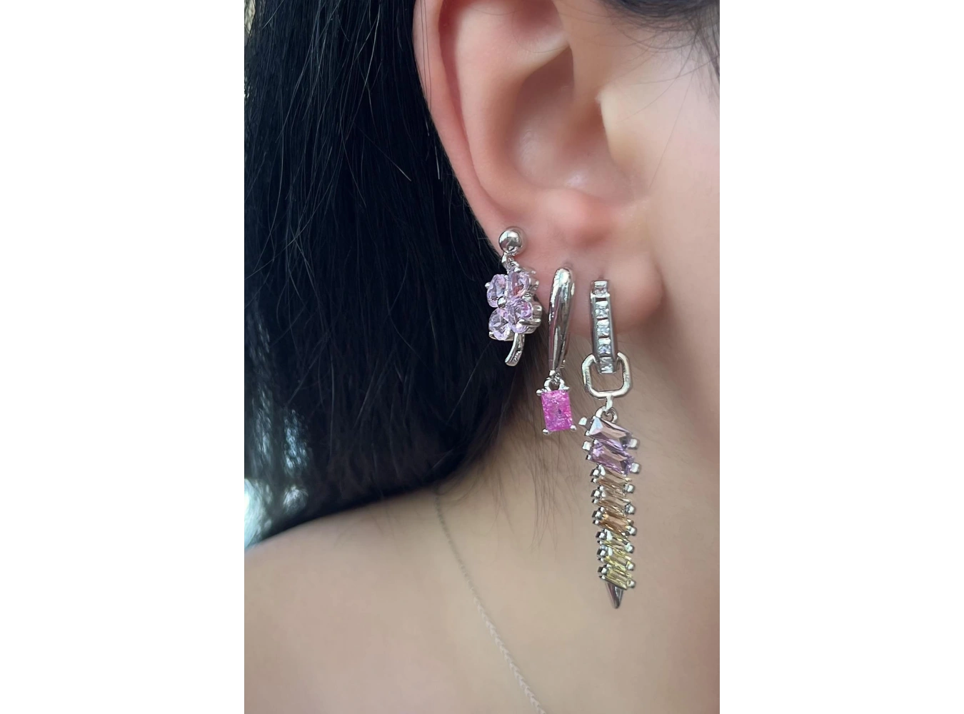 Gümüş Renk Taş Detaylı VİP 3lü YSX Küpe Set