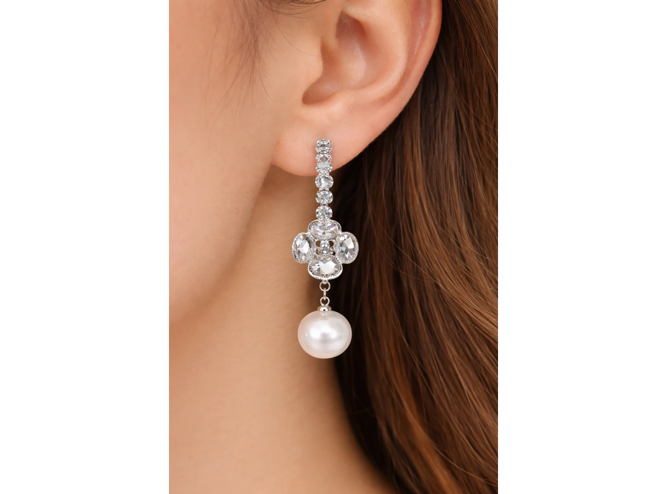 Gümüş Renk Taş Ve İnci Detaylı Küpe (Çift)