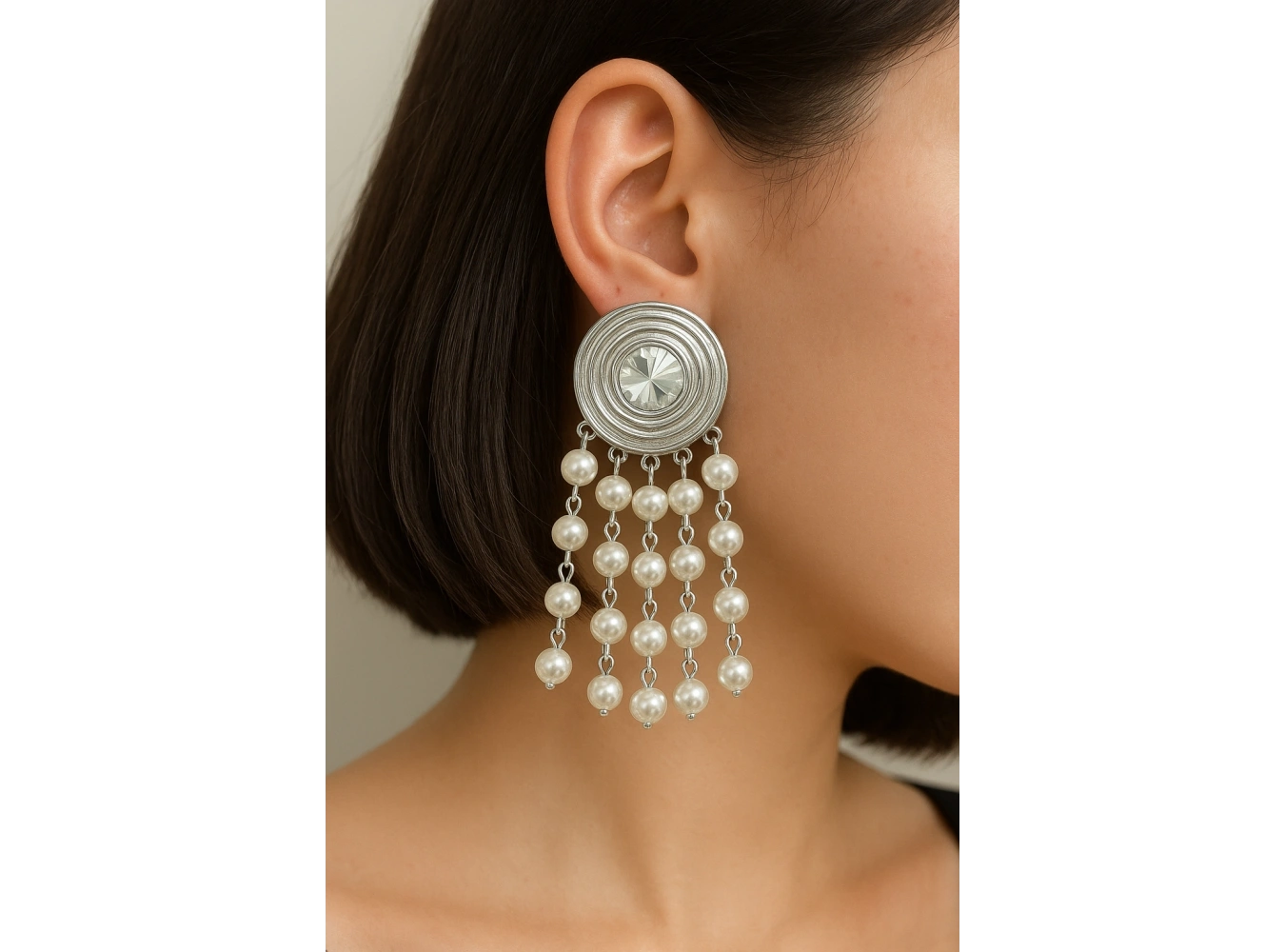 Gümüş Renk Taş Ve İnci Detaylı Tasarım Küpe (Çift)