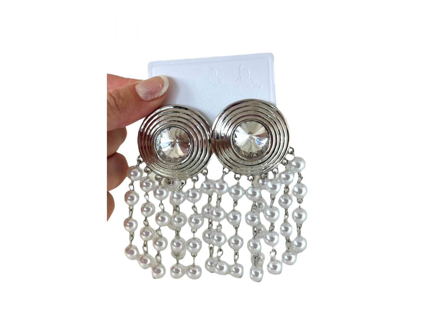Gümüş Renk Taş Ve İnci Detaylı Tasarım Küpe (Çift)