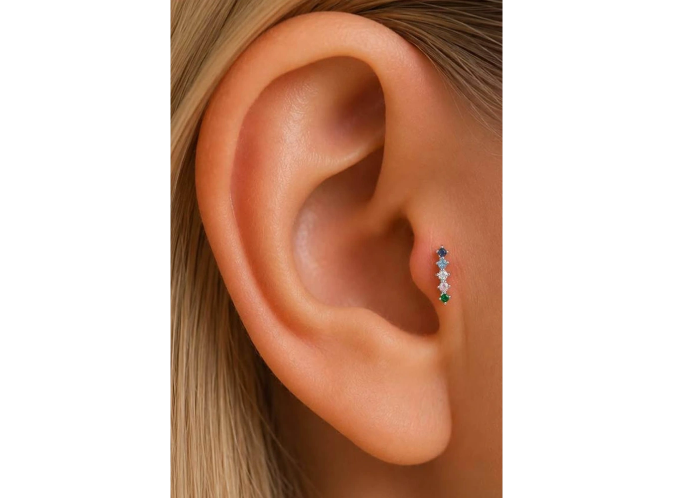 Gümüş Renk Taşlı Cerrahi Çelik Tragus/Kıkırdak Küpe/Piercing (Tek)