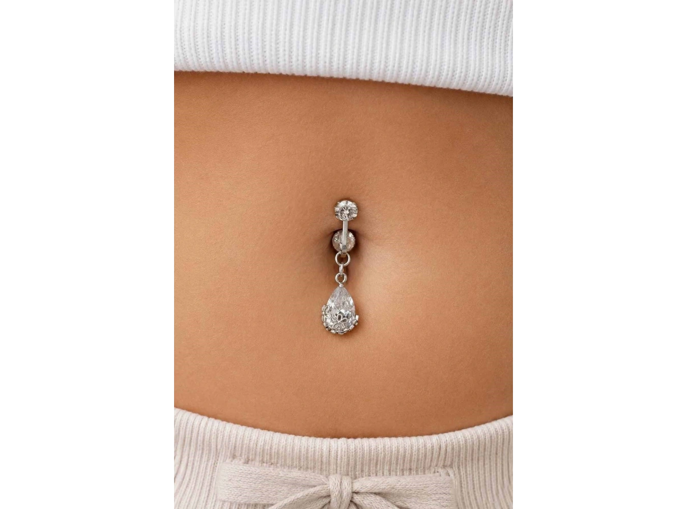 Gümüş Renk Taşlı Delik Gerektirmeyen Cerrahi Çelik Göbek Piercing