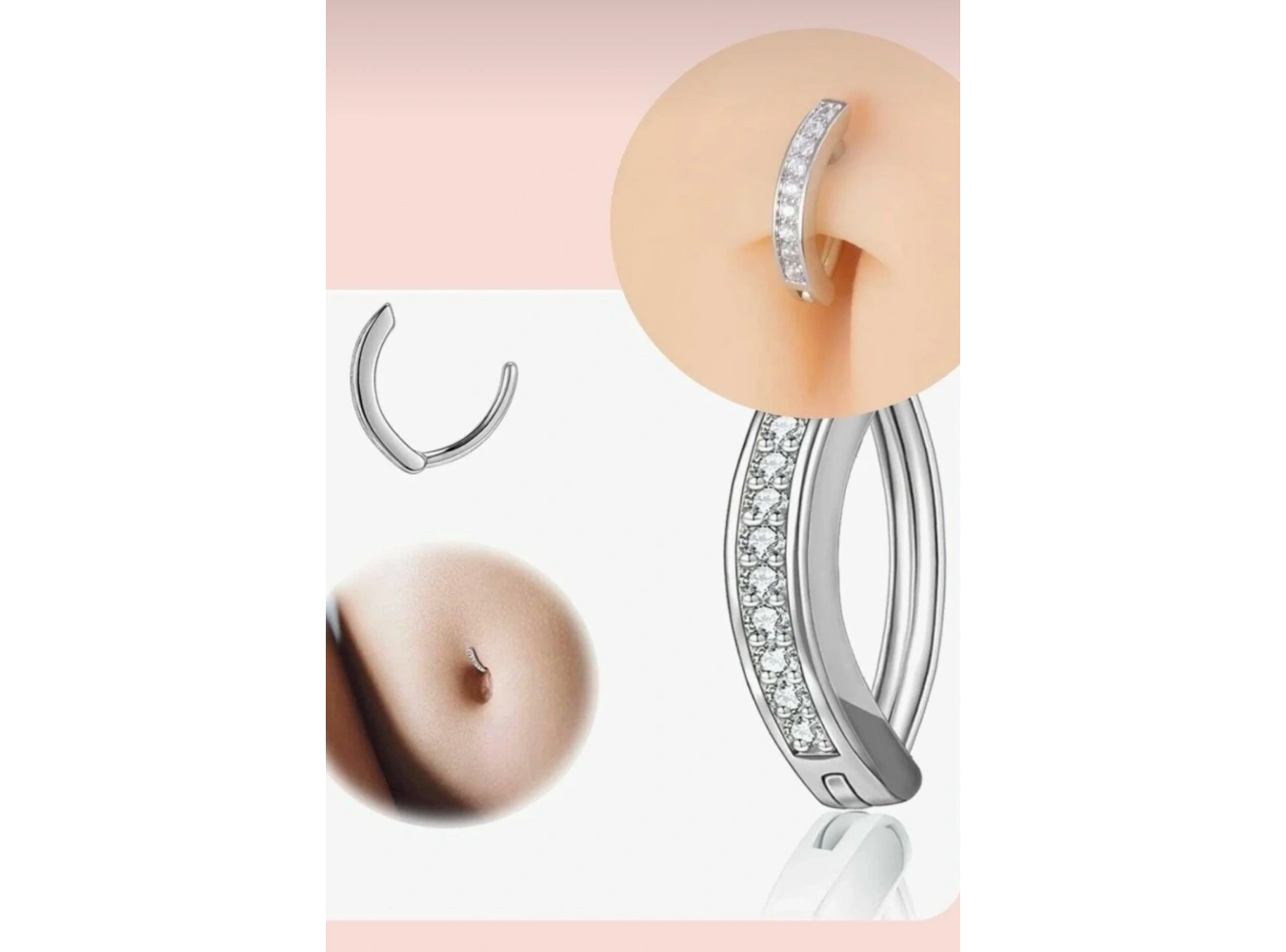 Gümüş Renk Taşlı Halka Cerrahi Çelik Göbek Piercing