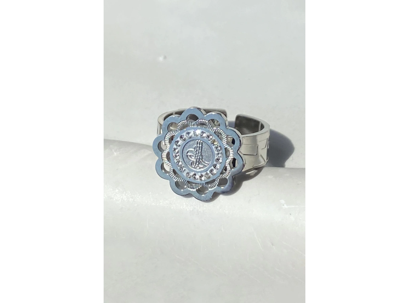 Gümüş Renk Tuğra Figürlü Ayarlanabilir Çelik Yüzük