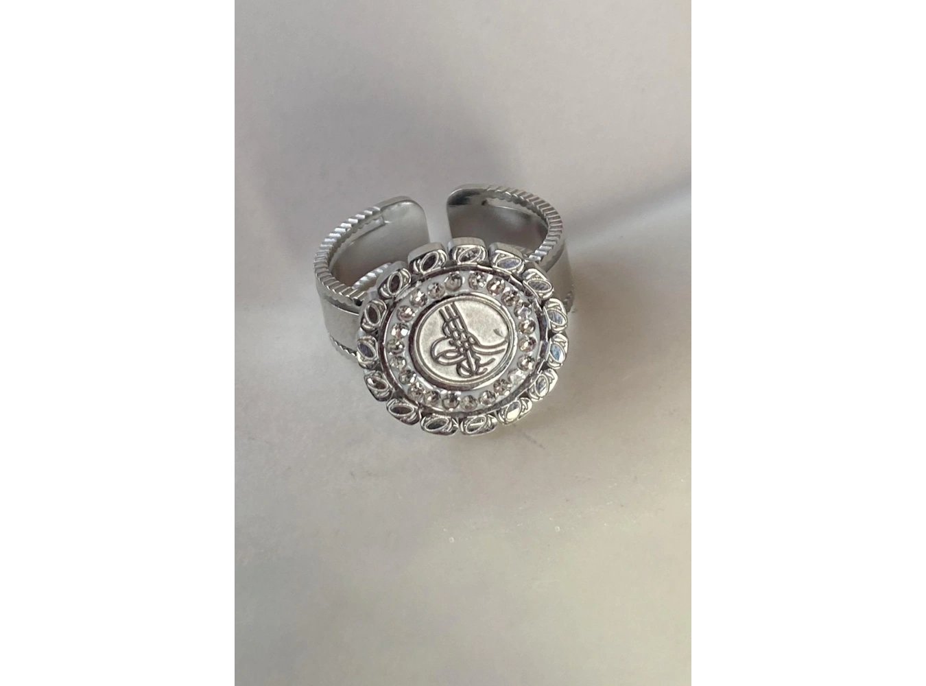 Gümüş Renk Tuğra Figürlü Ayarlanabilir Çelik Yüzük