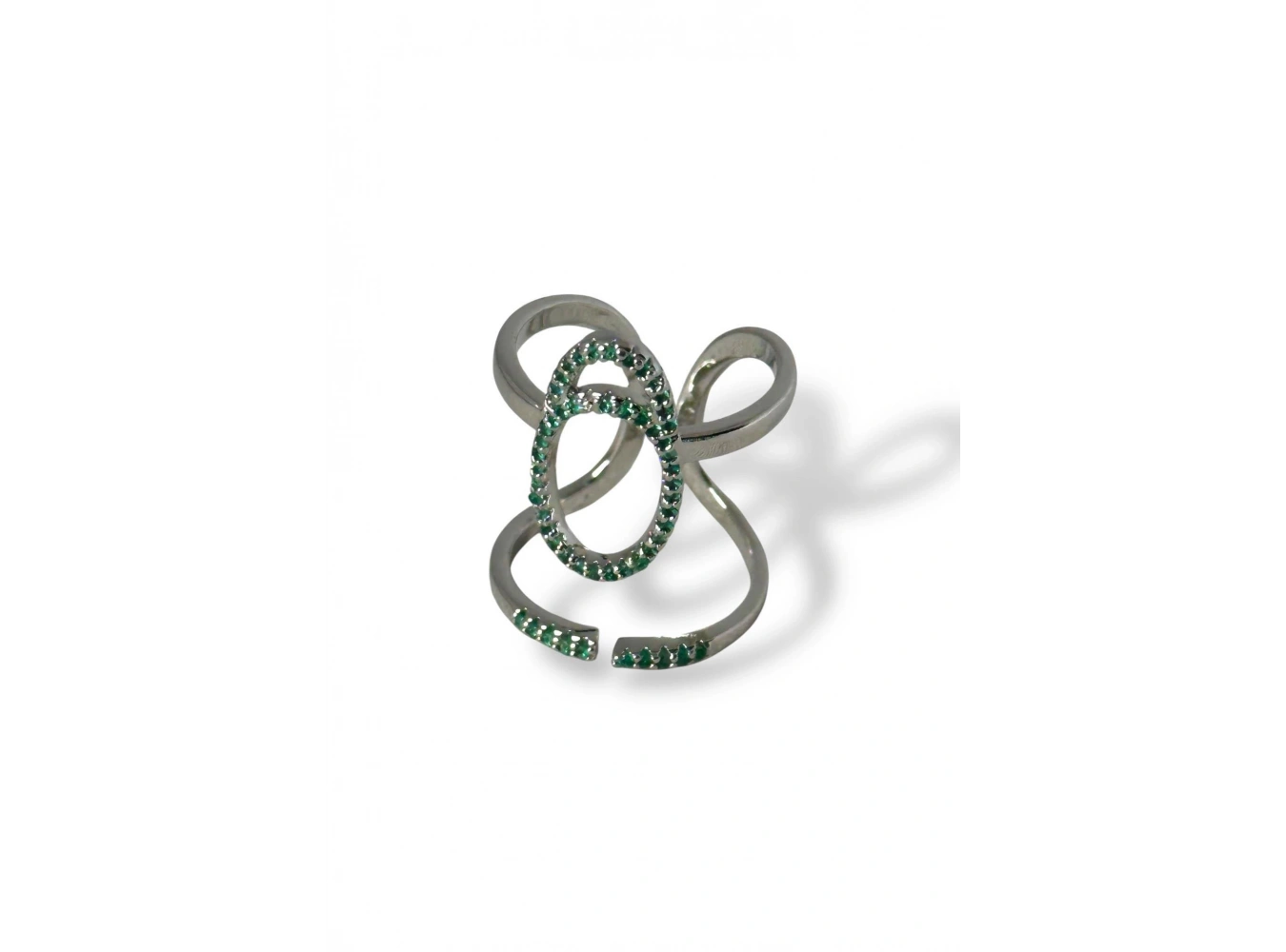 Gümüş Renk Yeşil Taş Detaylı Ayarlanabilir Çelik Yüzük