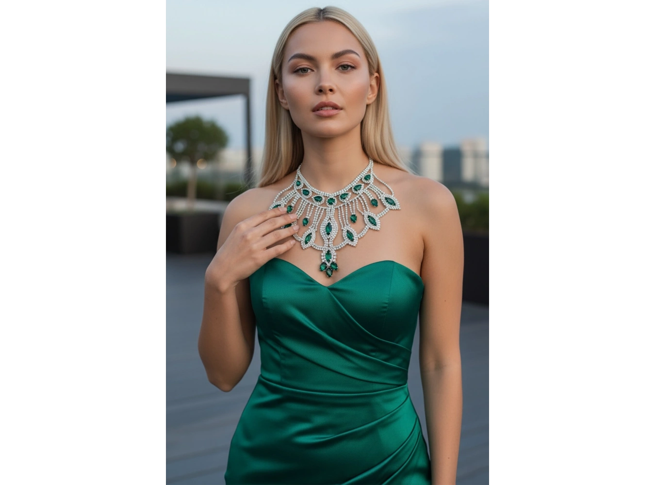 Gümüş Renk Yeşil Taş Detaylı Tasarım Abiye Kolye