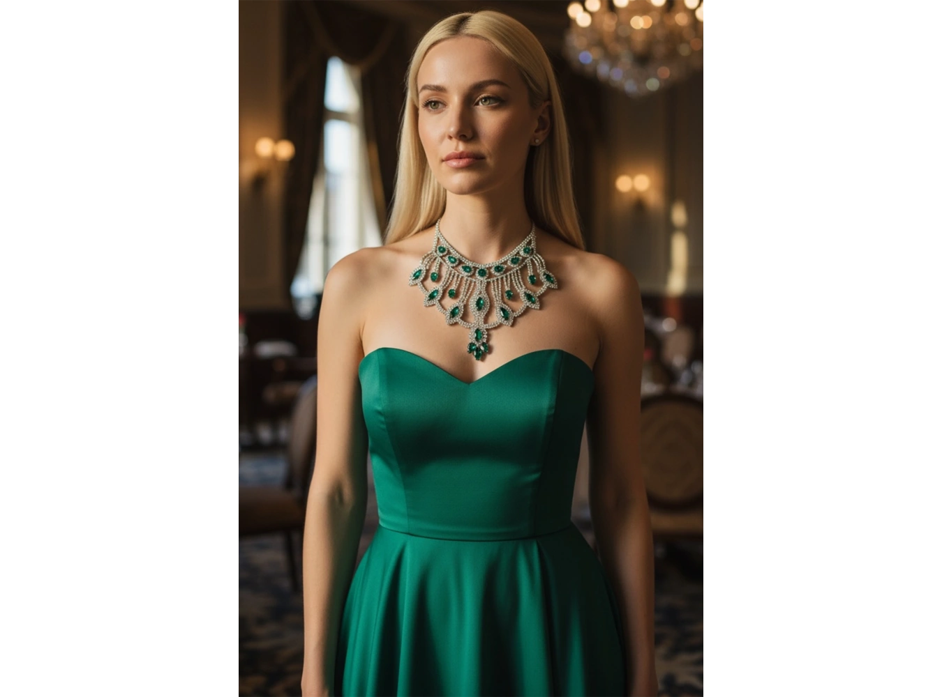 Gümüş Renk Yeşil Taş Detaylı Tasarım Abiye Kolye