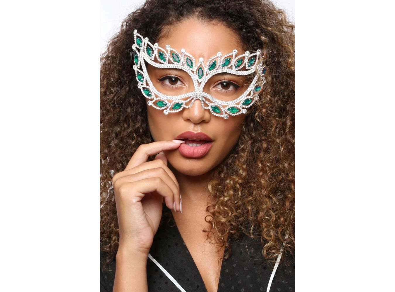 Gümüş Renk Yeşil Taş Detaylı Tasarım Parti Maskesi