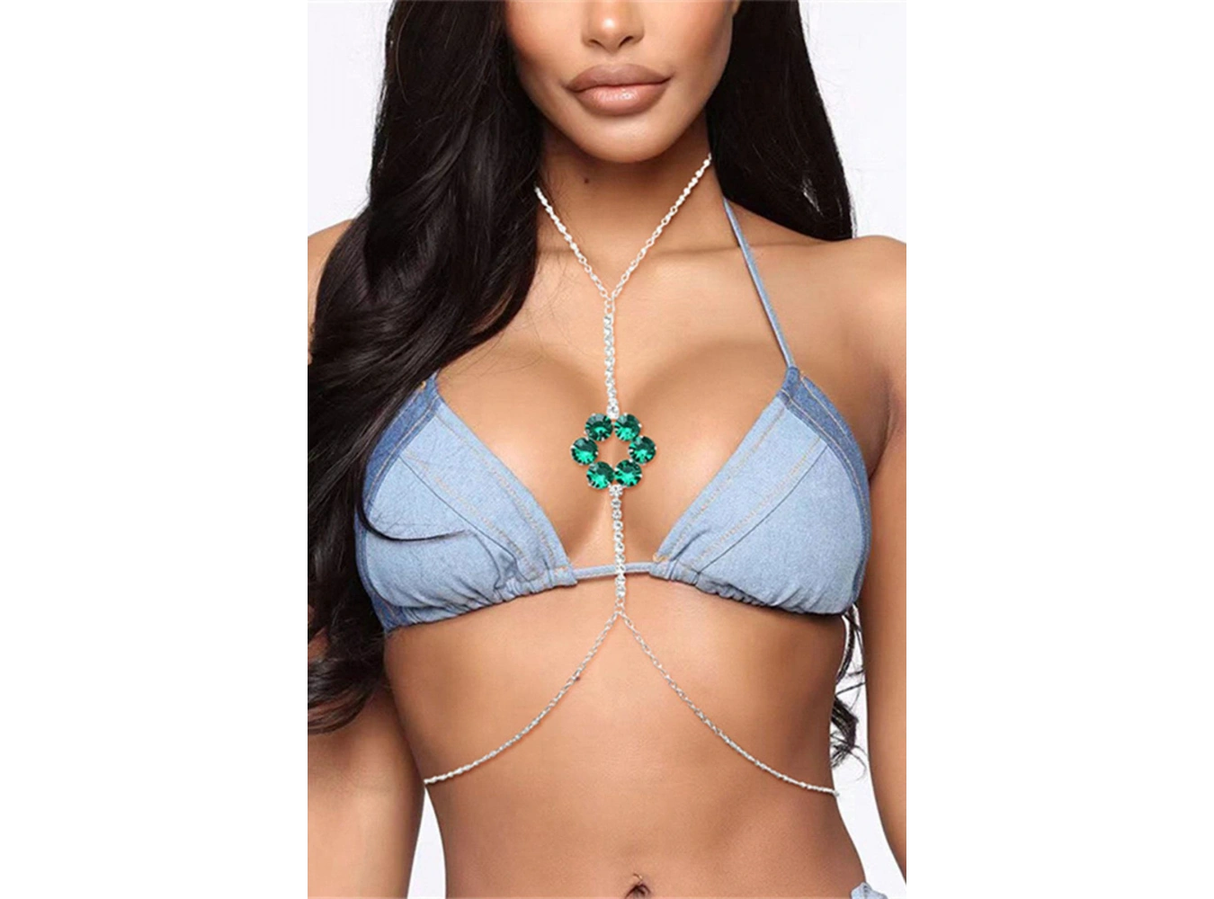 Gümüş Renk Yeşil Taş Detaylı Tasarım Vücut Aksesuar