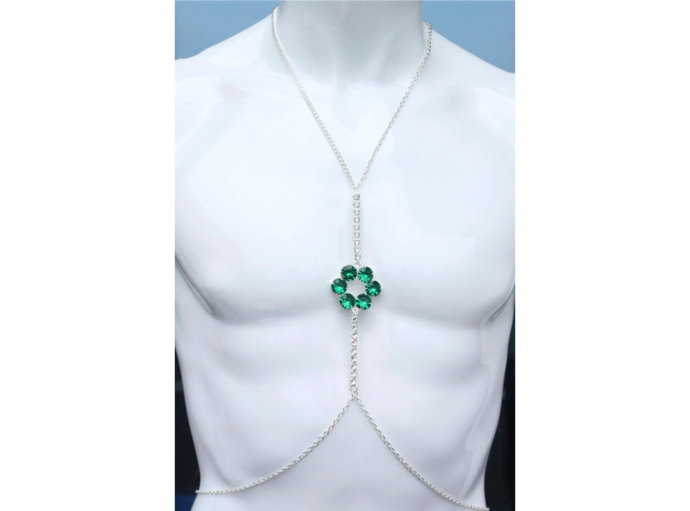 Gümüş Renk Yeşil Taş Detaylı Tasarım Vücut Aksesuar