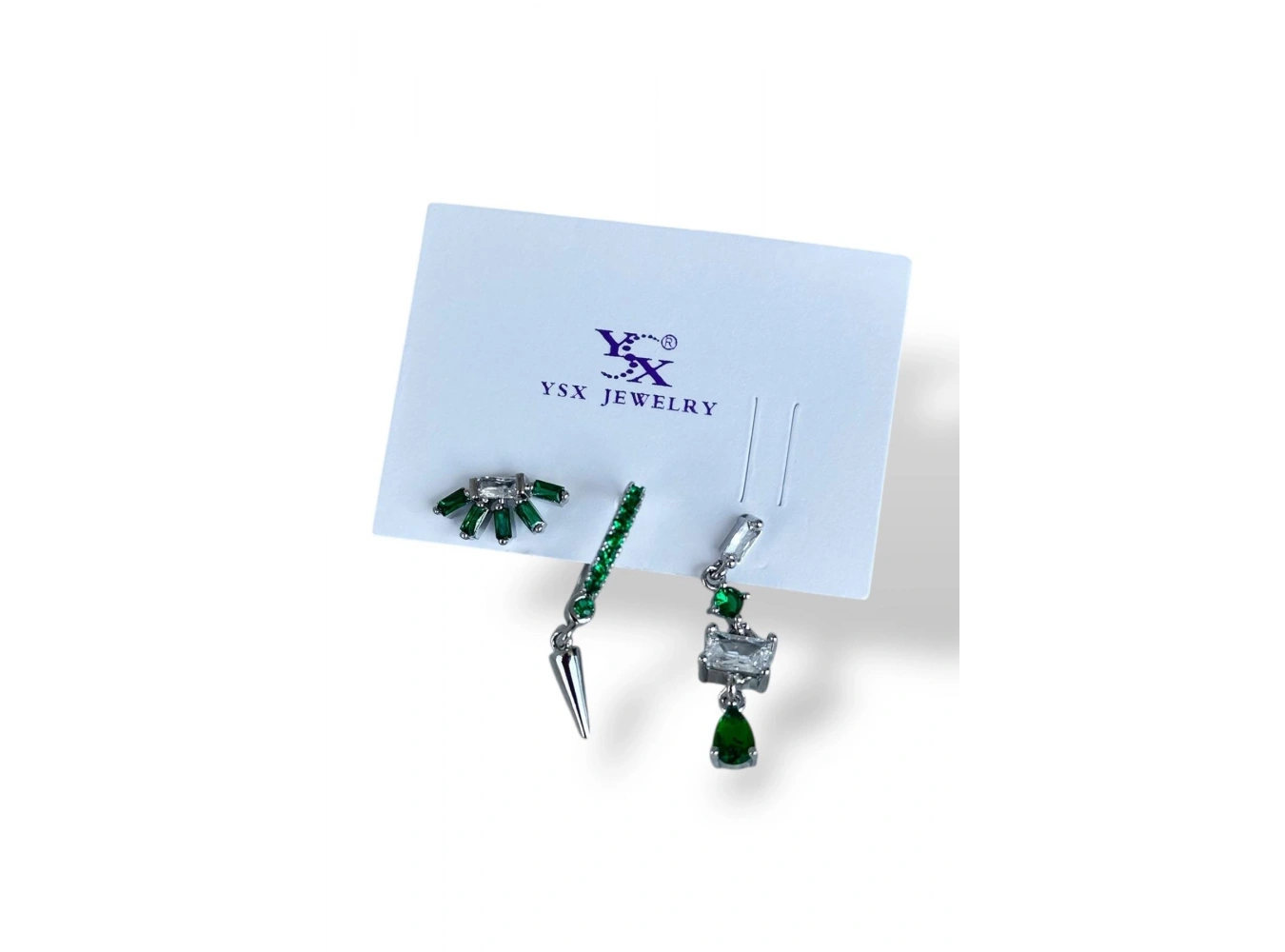Gümüş Renk Yeşil Taş Detaylı VİP 3lü YSX Küpe Set