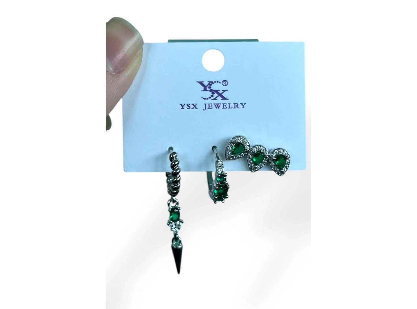 Gümüş Renk Yeşil Taş Detaylı VİP 3lü YSX Küpe Set