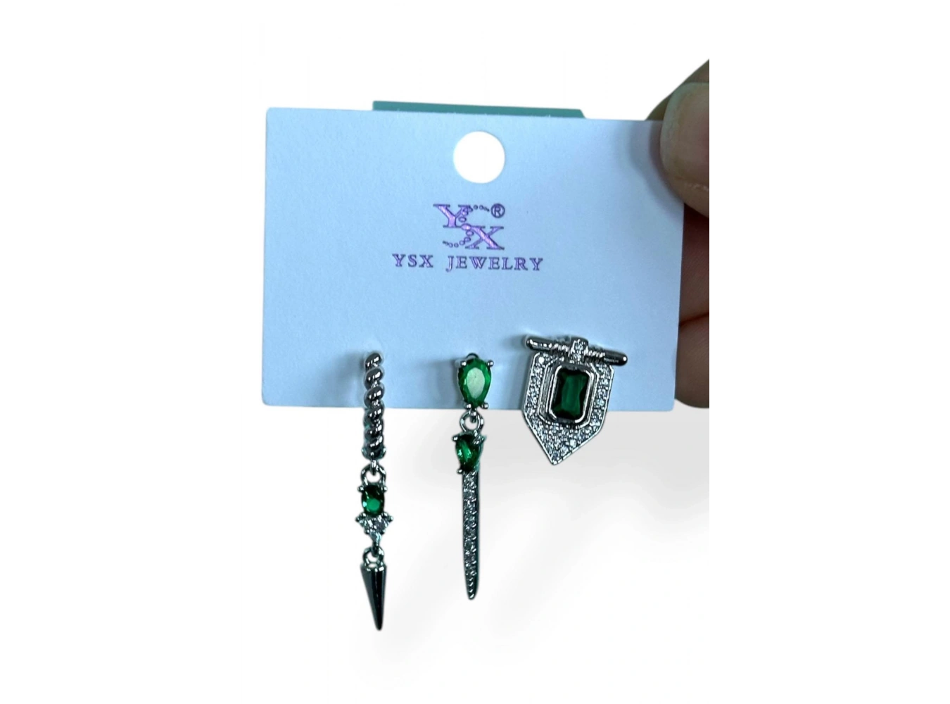 Gümüş Renk Yeşil Taş Detaylı VİP 3lü YSX Küpe Set