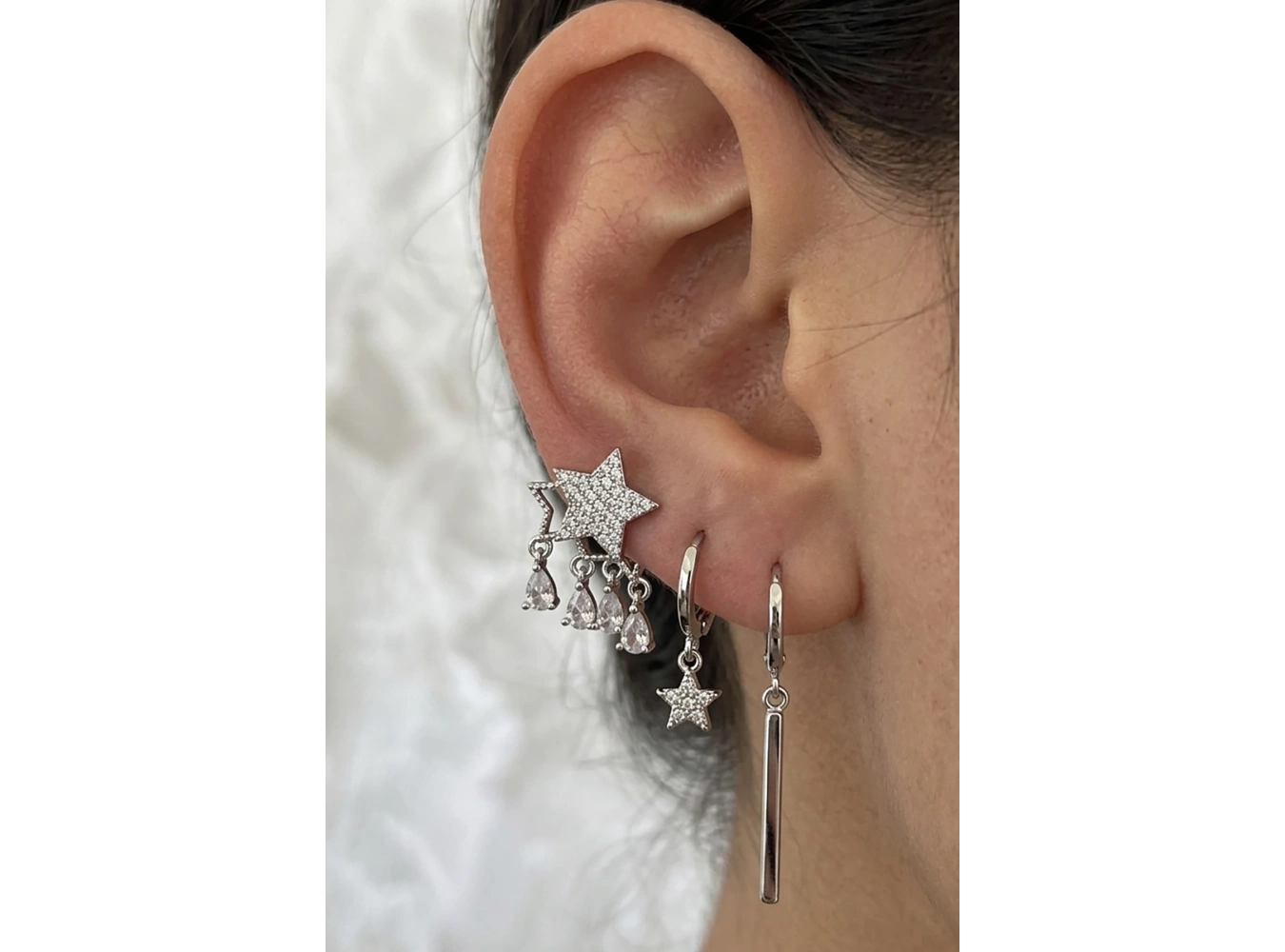 Gümüş Renk Yıldız Figürlü 3lü YSX Küpe Set