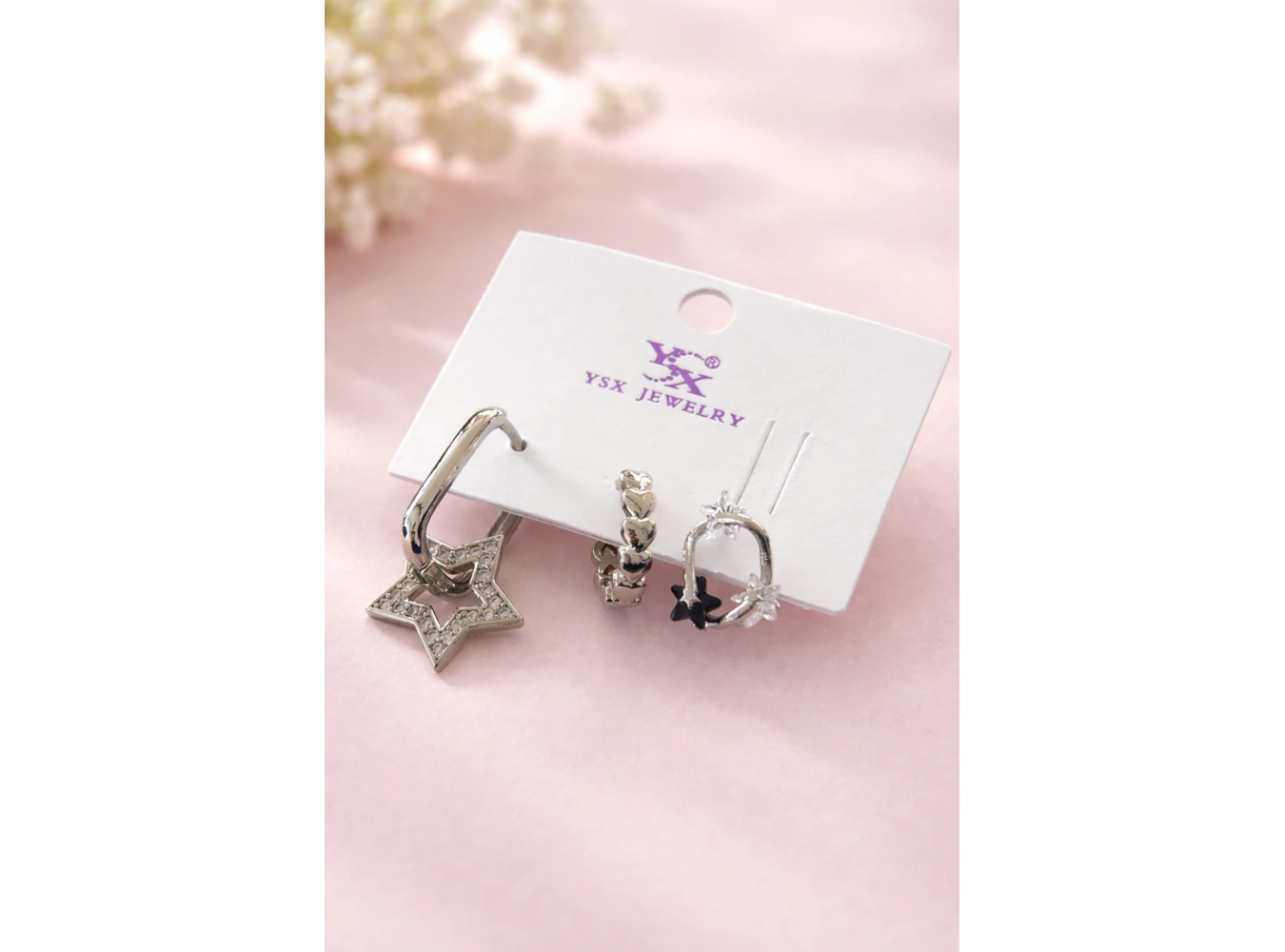 Gümüş Renk Yıldız Figürlü 3lü YSX Küpe Set