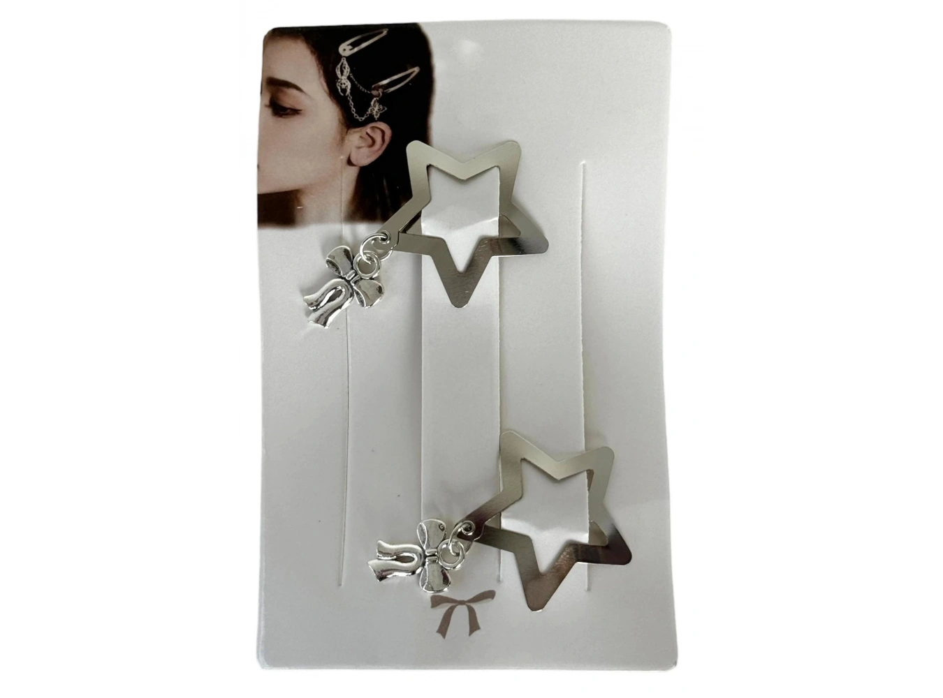 Gümüş Renk Yıldız Figürlü Fiyonk Detaylı Metal Yan Toka Set