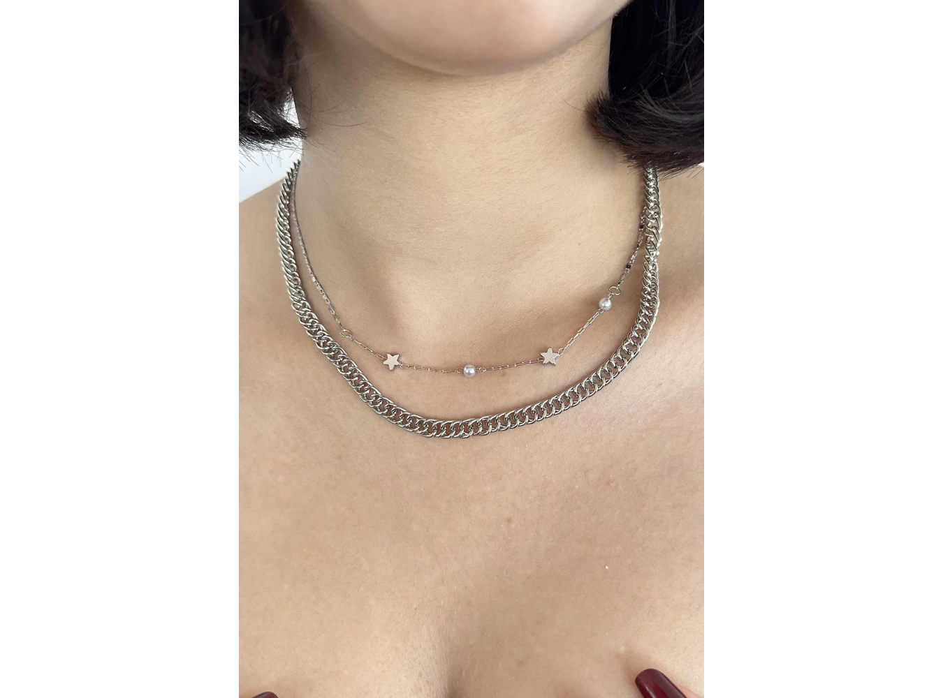 Gümüş Renk Yıldız Figürlü İnci Detaylı İkili Kolye