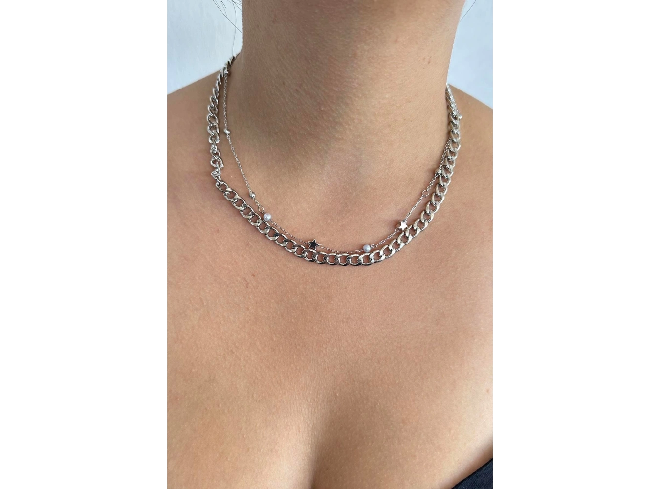 Gümüş Renk Yıldız Figürlü İnci Detaylı İkili Kolye