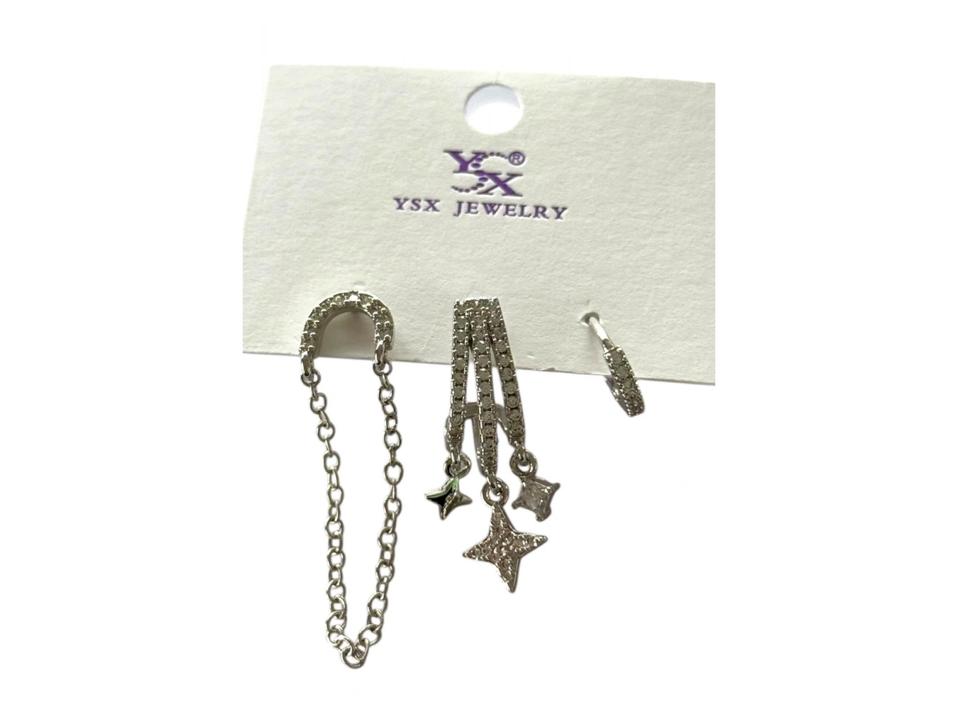 Gümüş Renk Yıldız Figürlü Taş Detaylı VİP 3lü YSX Küpe Set