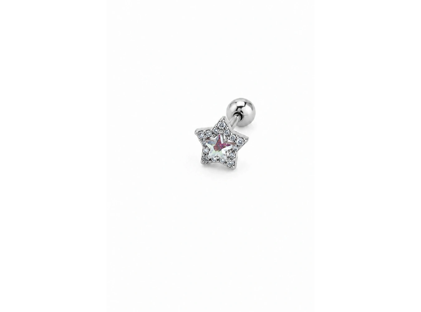 Gümüş  Renk Yıldız Figürlü   Taşlı Cerrahi Çelik Tragus/Kıkırdak Küpe/Piercing (Tek)