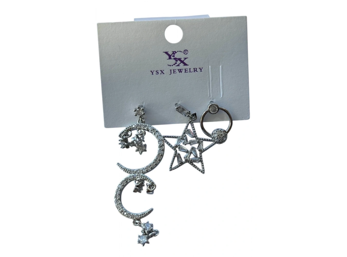 Gümüş Renk Yıldız Ve Ay Figürlü Taş Detaylı VİP 3lü YSX Küpe Set